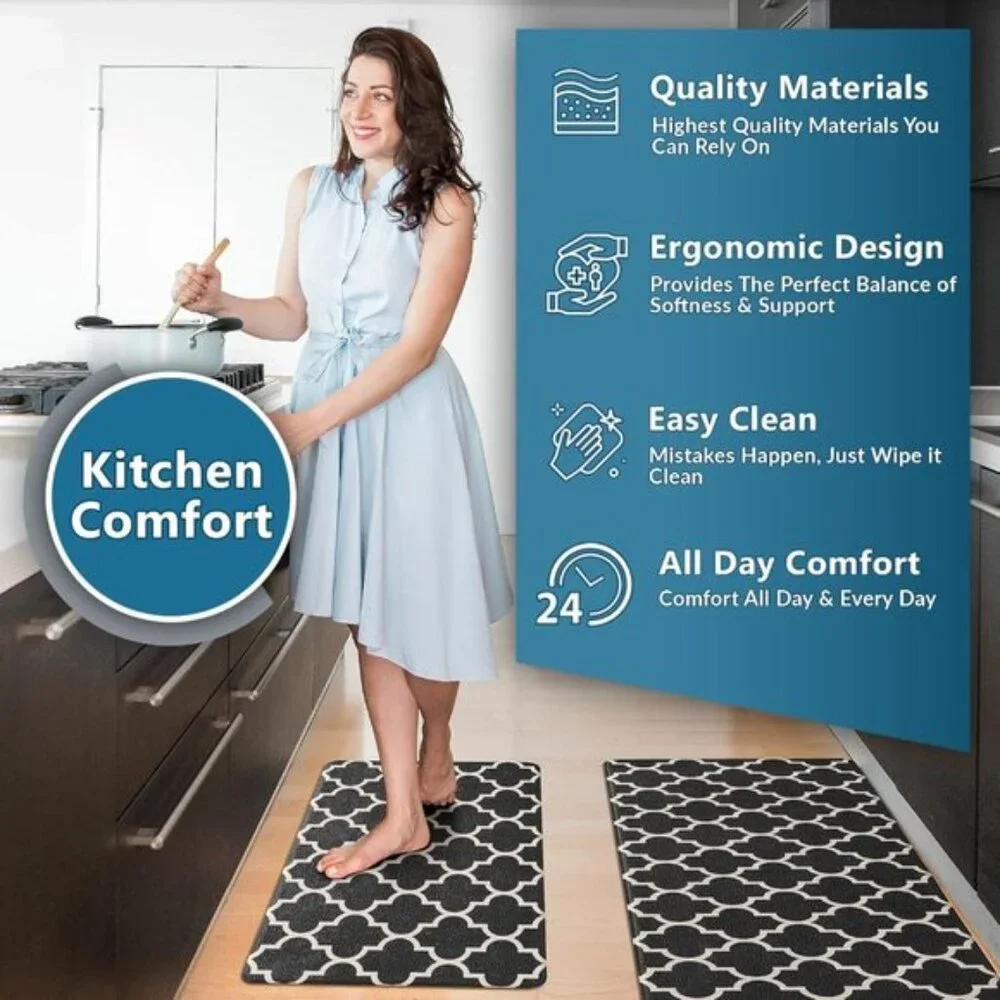 New Black Kitchen Mats, 2Pcs Anti-Fatigue Cushioned Non-Slip Waterproof Rug Set